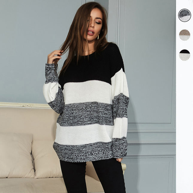 Wholesale Ladies Autumn Winter Pullover Striped Mid-length Sweater