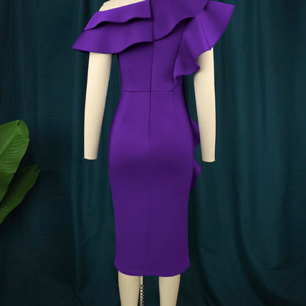 Wholesale Women's Slanted Shoulder Ruffle Slit One Step Dress