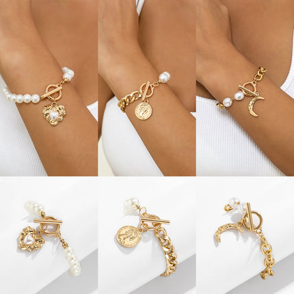Einfaches Perlen-Herz-Mond-Schmuck-Metallköniginnenkopf-Tag-Armband