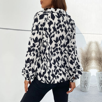 Wholesale Ladies Spring Lapel Long Sleeve Leopard Shirt