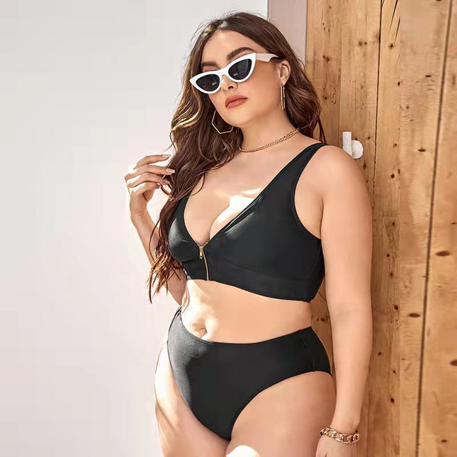 Damen-Badeanzug in Übergröße, solider Bikini mit Reißverschluss und hoher Taille