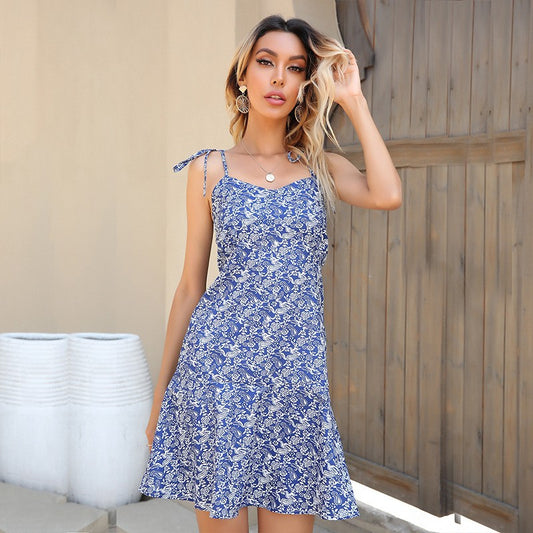Wholesale Women's Summer Backless Floral Bow Knot Sling Dress