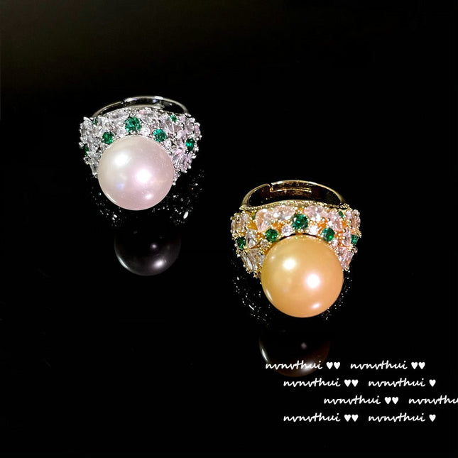Blumen-Perlen-Ring 18 Karat vergoldeter Meerwasser-Muschel-Perlen-Zirkon-Ring