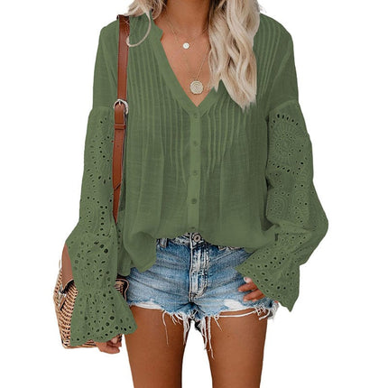 Women's Fall Embroidered Long Sleeve Ruffle Blouse