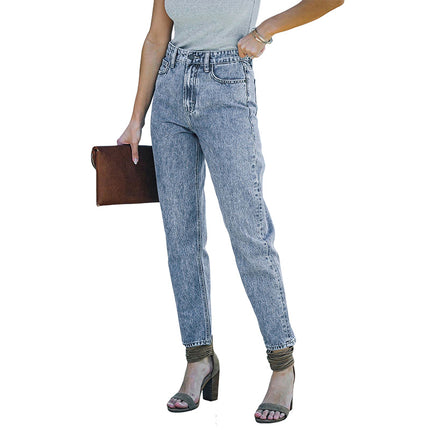 Hochelastische Damen-Jeans mit gewaschener Wok-Blume