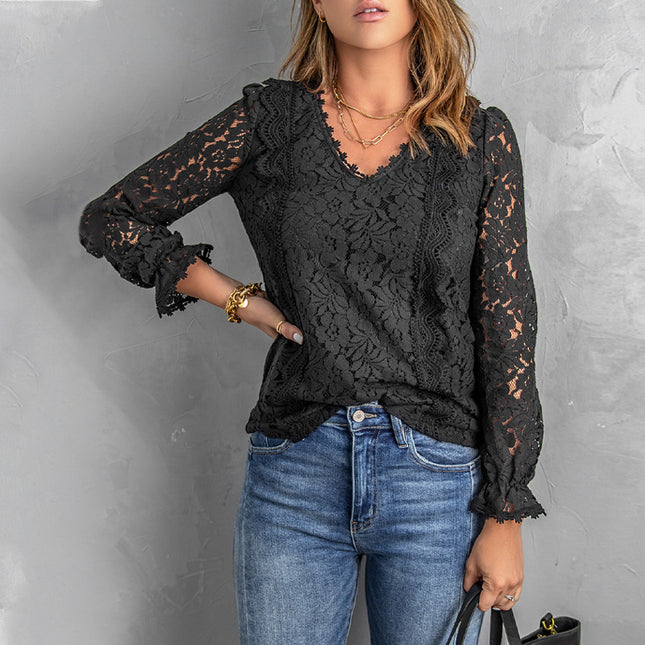 Wholesale Women's V Neck Loose Casual Long Sleeve Solid Color Lace Top