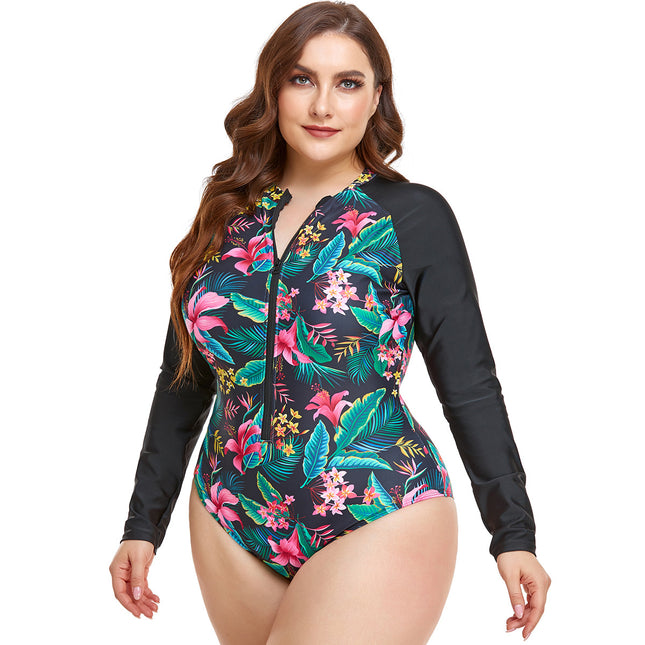 Wholesale Ladies Plus Size Bikini Print Long Sleeve Zipper Bodysuit