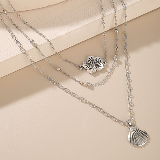 Scallop Flower Pendant Multilayer Necklace Geometric Trend Round Bead Three Layer Necklace Set