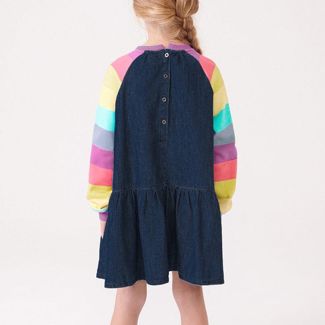 Wholesale  Kids Autumn Cotton Rainbow Long Sleeve Girls Denim Dress