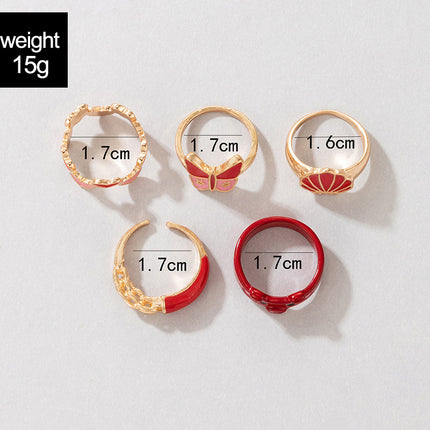 Peach Heart Piggy Animal Combination Love Butterfly Scallop Red Oil Drip Ring 5-Piece Set