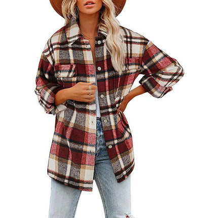 Wholesale Women's Fall/Winter Long-sleeved Lapel Plaid Thick Wool Coat