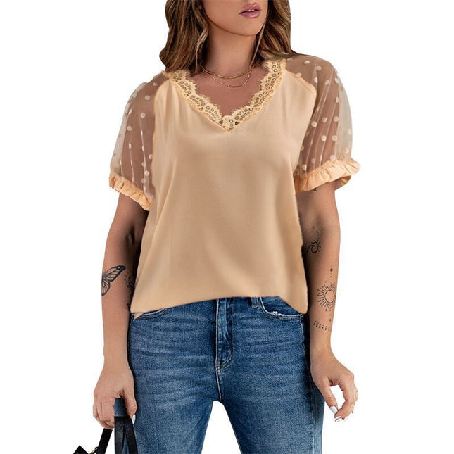 Wholesale Women's Summer Casual Short-sleeved Top V-neck Lace Stitching Loose T-shirt