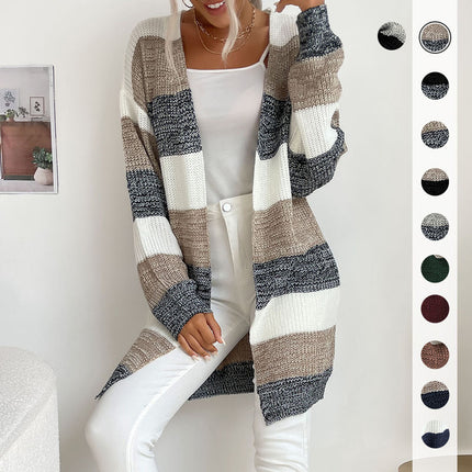 Wholesale Women's Fall Winter Knitted Cardigan Striped Sweater Coat