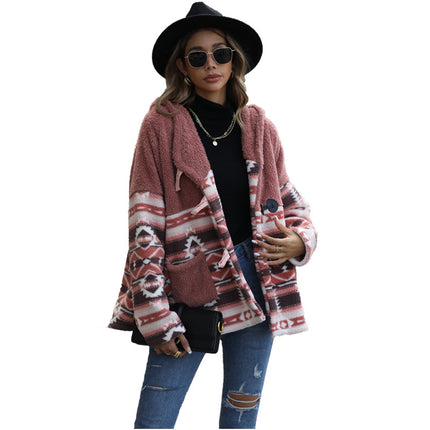 Wholesale Women's Hooded Long Sleeve Horn Button Double Faced Fleece Jacket