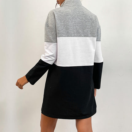 Wholesale Women's Fall Winter Zipper Stand Collar Mosaic Mid-length Dress