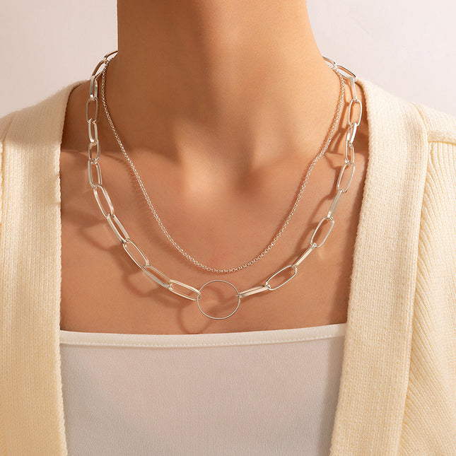 Wholesale Geometric Ring Simple Chain Double Layer Necklace