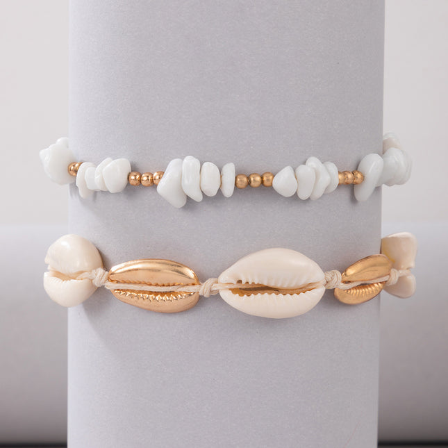 Set of Two White Shell and Bead Woven Anklets