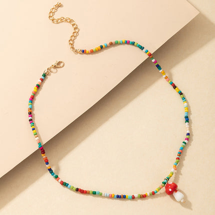 Colorful Beaded Mushroom Candy Rice Beads Single Layer Necklace