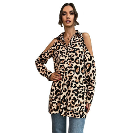 Wholesale Ladies Fall Cardigan Leopard Lapel Long Sleeve Strapless Shirt