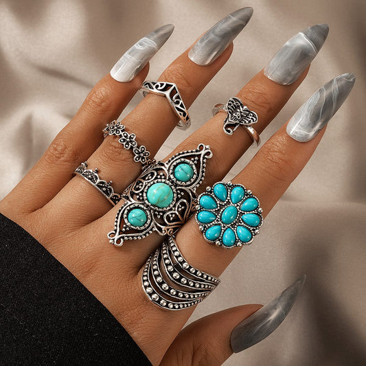 Turquoise Elephant Geometric Graphic 7-Piece Silver Ring Set