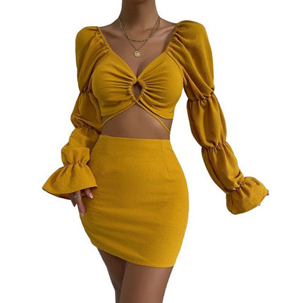 Wholesale Women's Summer Solid Color Top Cover Hip Skirt Set