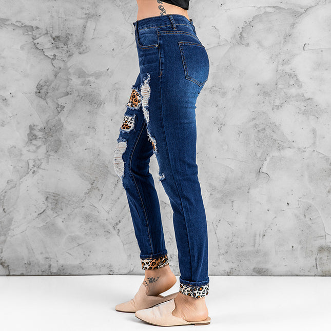Zerrissene Jeans mit hoher Taille und Leopardenmuster für Damen