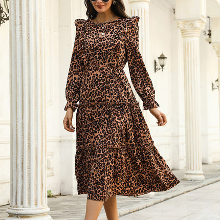 Wholesale Women's Autumn Wood Ear Trim Leopard Print Midi Dress