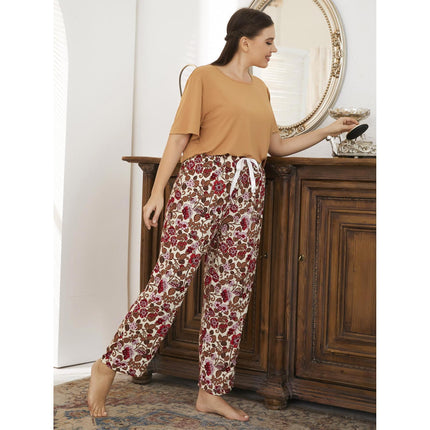 Conjunto de pijama con pantalones florales de manga corta para primavera y verano de talla grande para mujer al por mayor