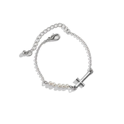 Großhandel Nachahmung Perlenkette Armband Einfache Metall Kreuz Schmuck