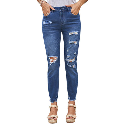 Wholesale Blue Grinding Street Style Cropped High Waist Ripped Jeans