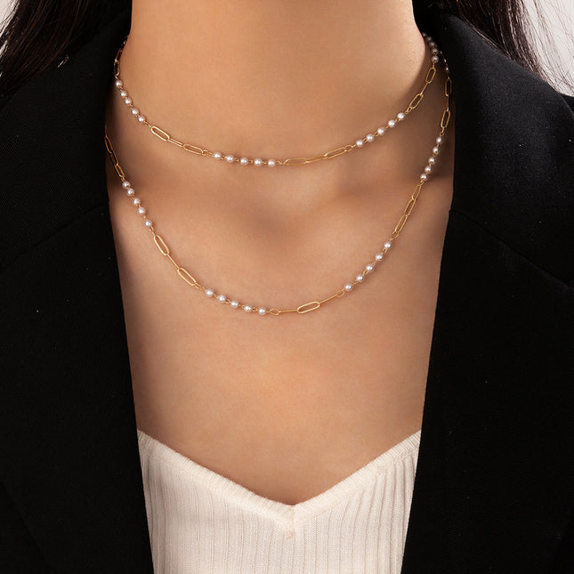 Collar de doble capa de cadena de aleación con cuentas de perlas