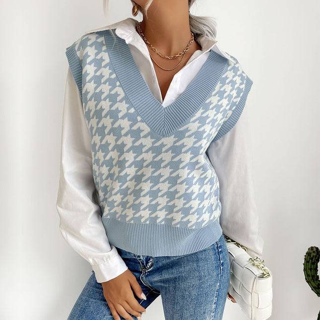 Wholesale Ladies Autumn Houndstooth V-Neck Layered Sweater Vest Top