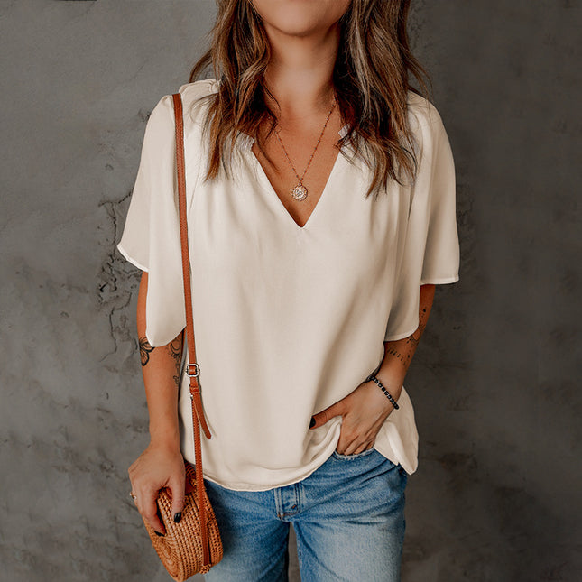 Women's V Neck Solid Color Pullover Loose Half Sleeve Chiffon Shirt