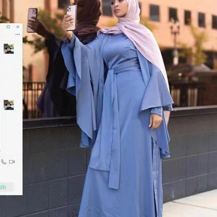 Fashion Satin Long Sleeve Dress Muslim Cardigan Coat Set