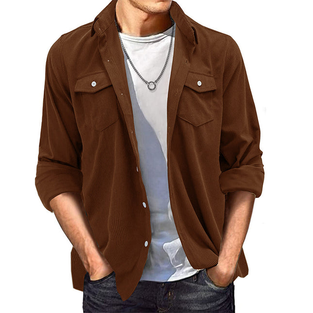Chaqueta de camisa de pana de manga larga casual de color sólido para hombre