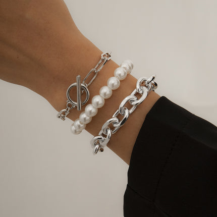 Simple Imitation Pearl Bracelet Set Metal Chain OT Buckle Bracelet