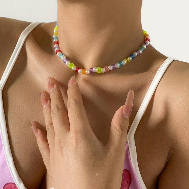 Colorful Round Bead Simple Pearl Beaded Necklace