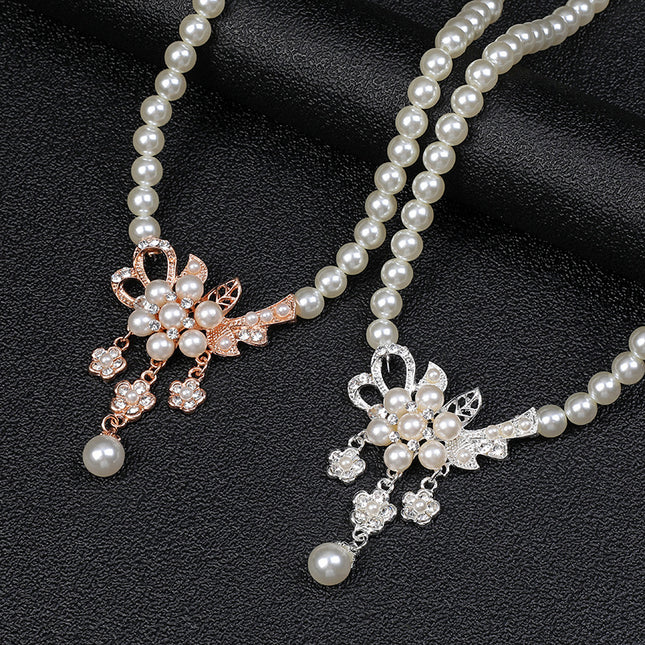 Fashion Pearl Flower Necklace Earrings Set Women Jewelry Alloy Plating