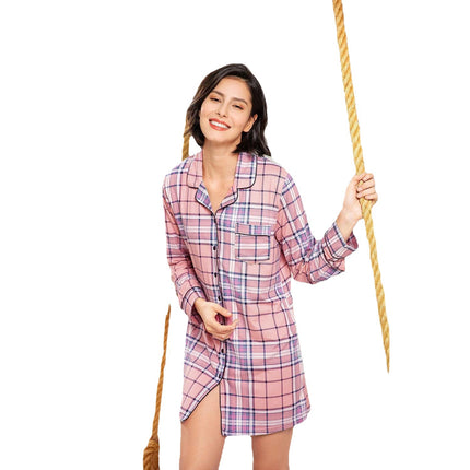 Damen Nachthemd Frühling Sommer kariertes Homewear Pyjamakleid