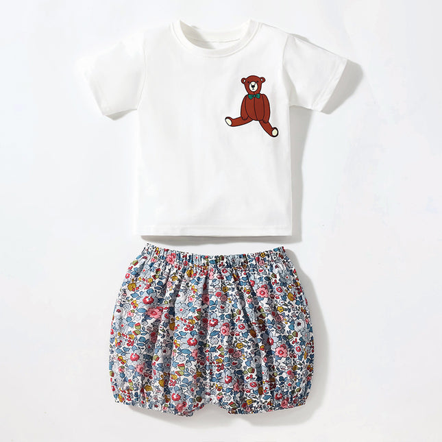Niños lindos tejidos dibujos animados algodón niñas camiseta pantalones cortos trajes