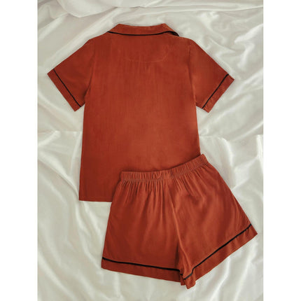 Einfarbiges Kurzarm-Revers-Cardigan-Shorts-Pyjama-Set