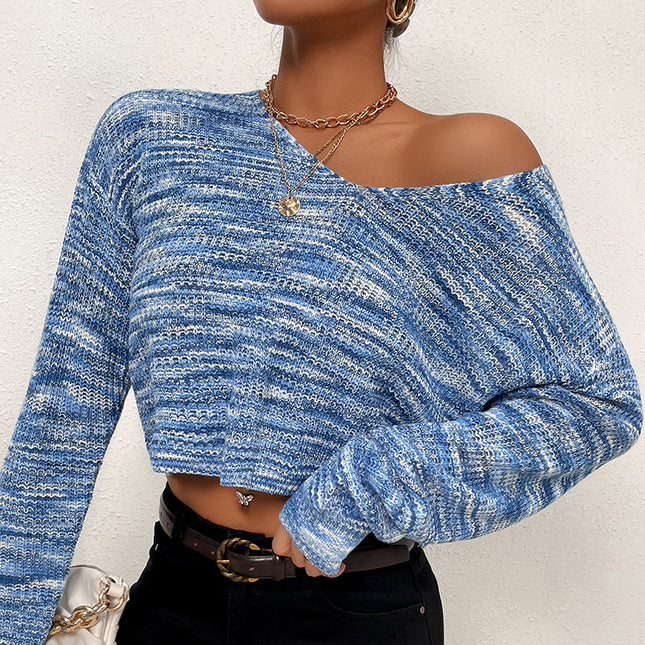 Wholesale Women's Autumn Blue V-Neck Knit Short Gradient Sweater