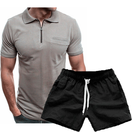 Wholesale Men's Casual Solid Color Lapel Short Sleeve Polo Shirt Shorts Two Piece Set