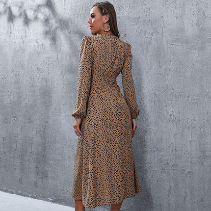 Wholesale Women's Autumn High Slit Long Sleeve Leopard Print Dress