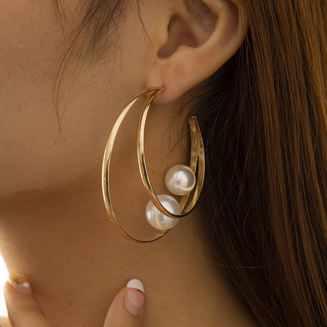 Double Hoop C Shape Geometric Earrings Simple Pearl Stud Earrings