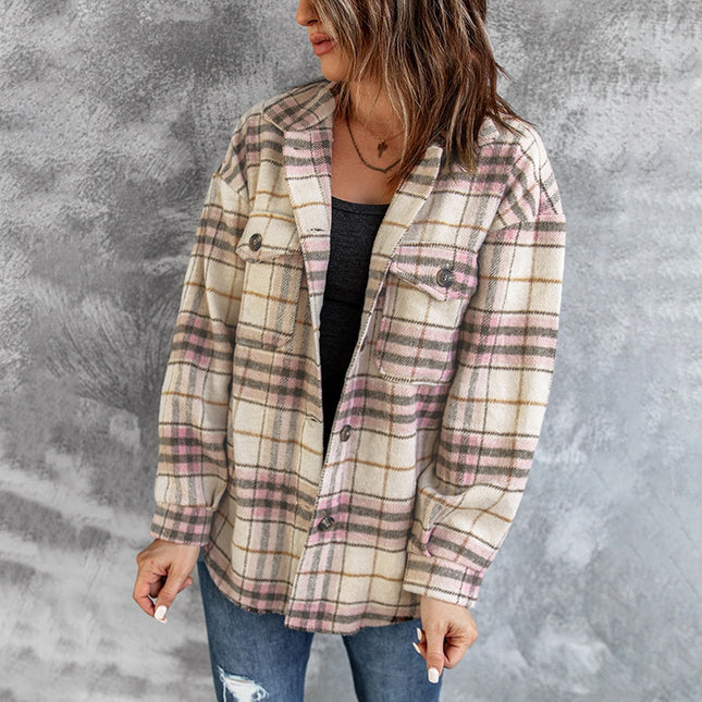 Single Breasted Lapel Check Long Sleeve Casual Jacket