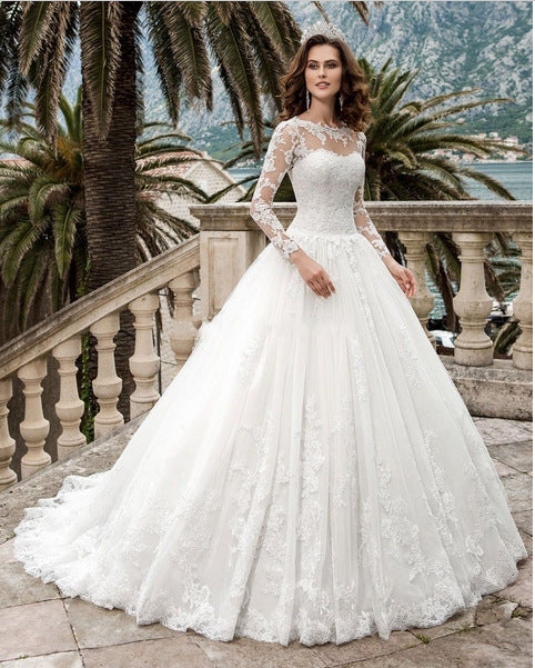 Wholesale Lace Off Shoulder Long Sleeve Bridal Trailing Dress