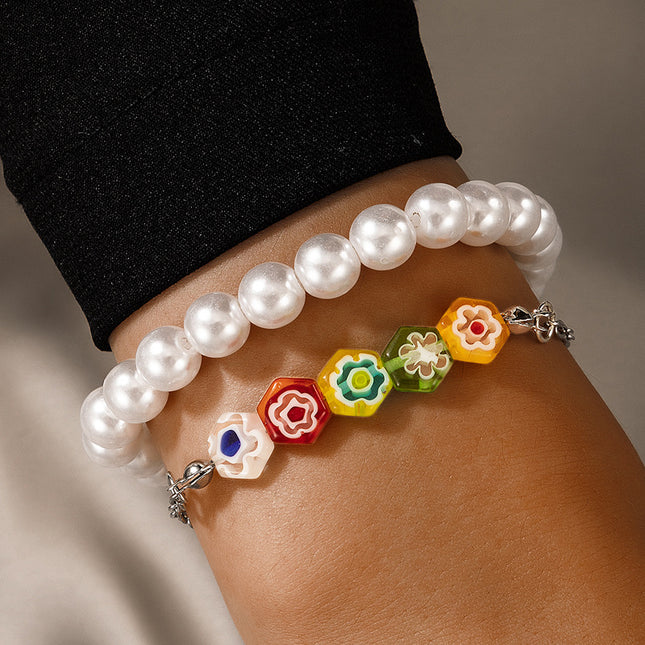 Hollow Flower Pearl Versatile Bracelet Two-Piece Set