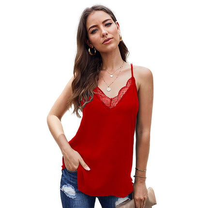 Wholesale Women's Loose V Neck Lace Ice Silk Camisole Top