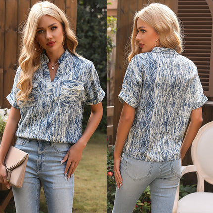 Wholesale Women's Summer Printed V Neck Pocket Tie Dye Short Sleeve Shirt